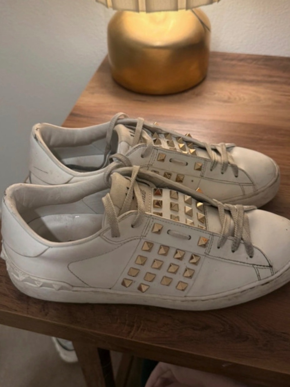 Valentino Garavani White Rockstud Sneakers - Gold Studs